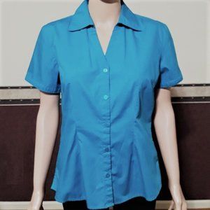 BASIC EDITIONS DEEP AQUA COLLARED BUTTON DOWN BLOUSE SIZE S NWOT